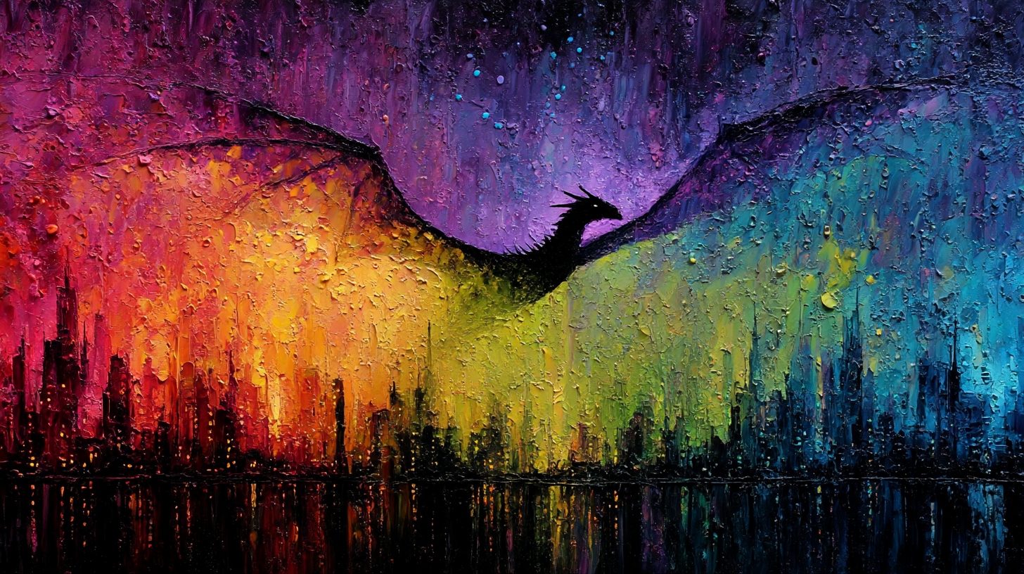 Dark Fantasy Rainbow Dragon in flight over a city 02