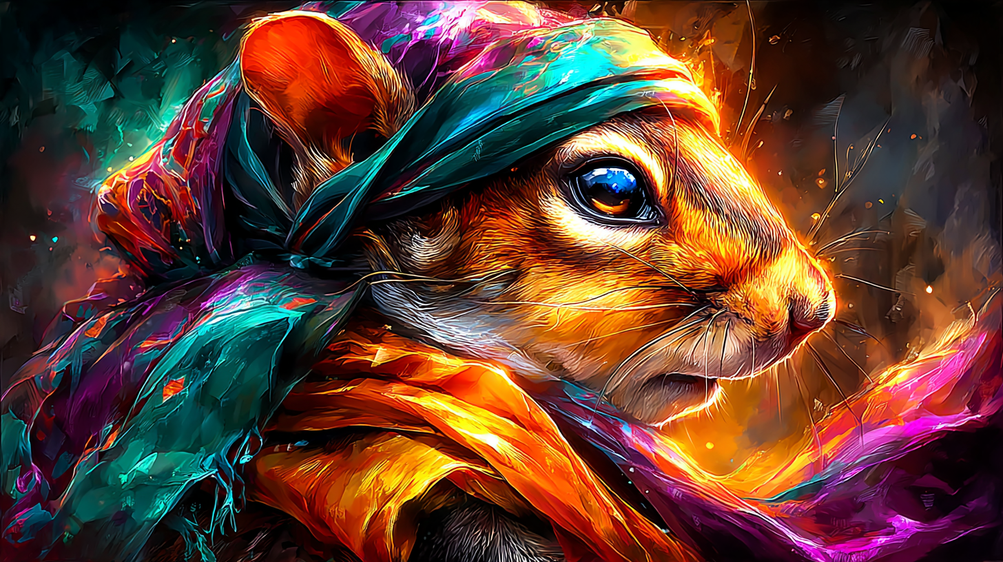 Squirrel wearing a colorful turban and scarf poetic close-up 04